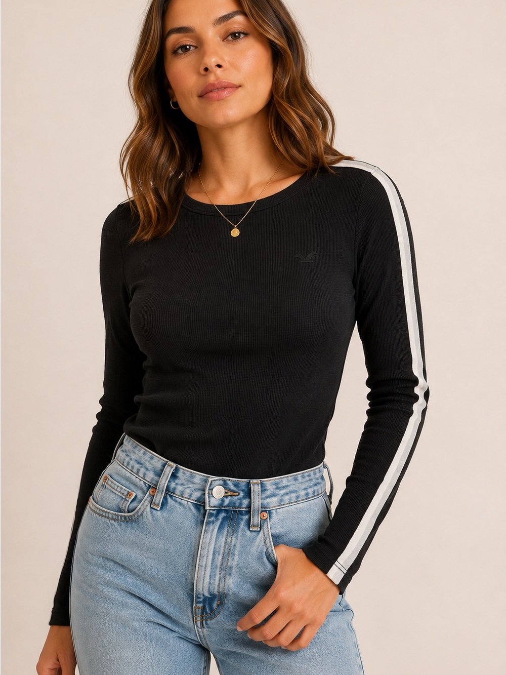 Hollister Black Waffle Knit Striped Long Sleeve Top XS Y2K